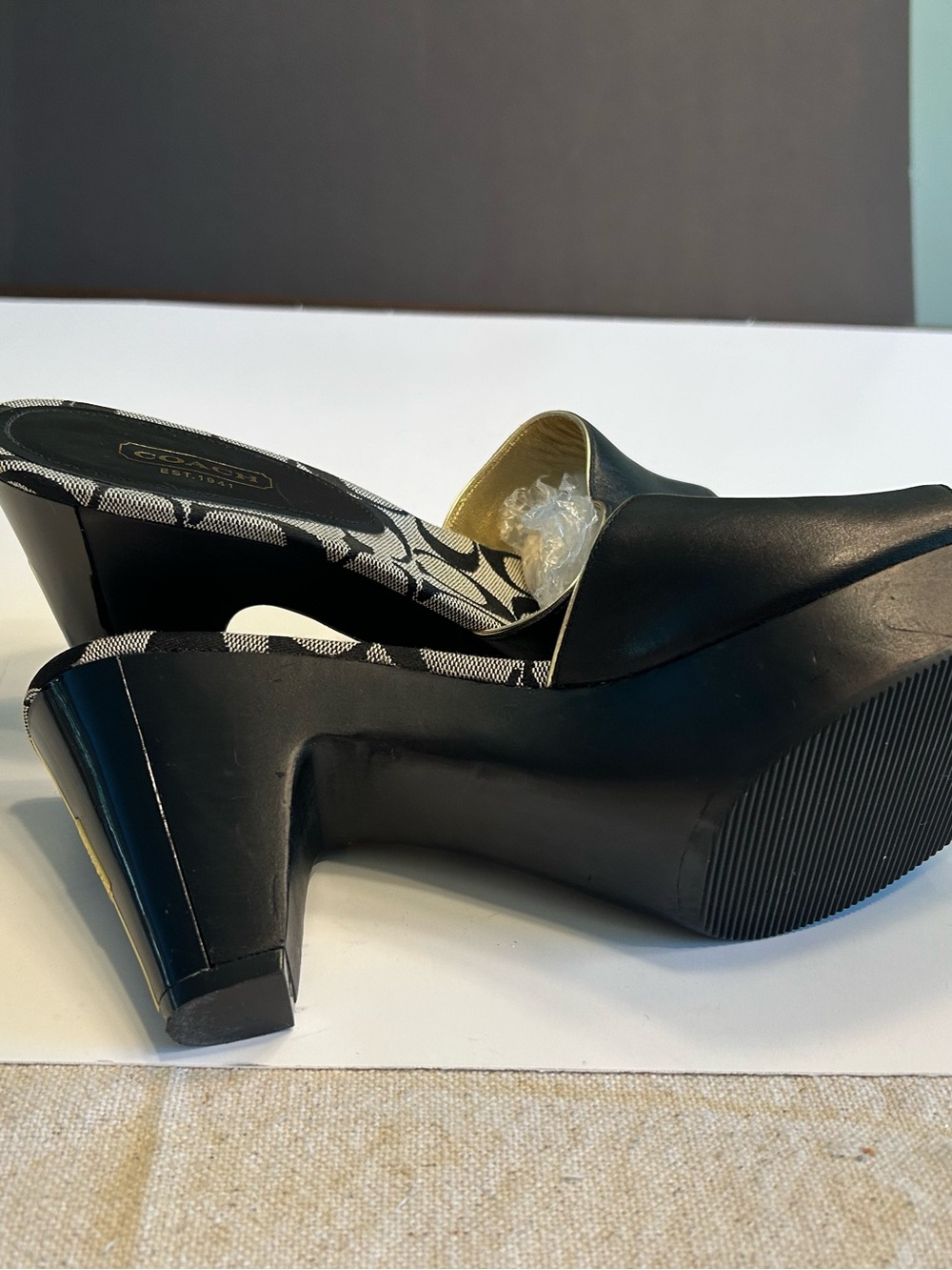 Coach Black Leather & Signature Monogram Slide Mules with Gold Script - Picture 4 of 4